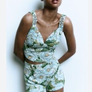 zara JEWEL JACQUARD Matching Set TOP and Micro Shorts floral blue green Size S